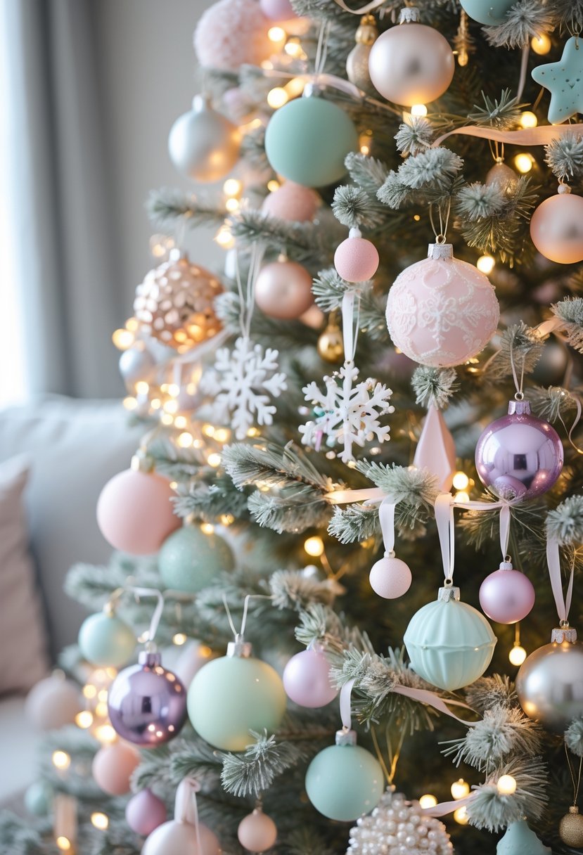 A decorated Christmas tree with pastel-colored ornaments and warm white lights in a cozy indoor setting.
