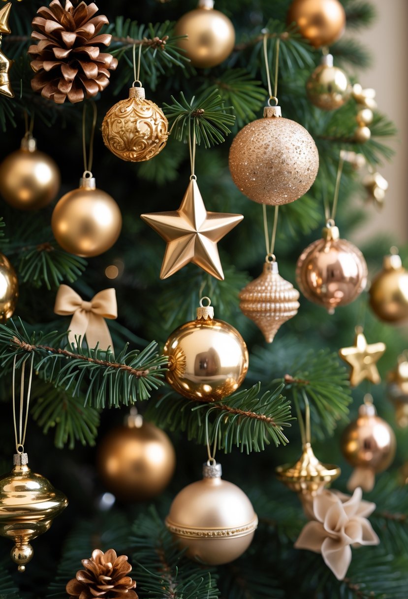 A Christmas tree decorated with twenty metallic gold and bronze ornaments on green pine branches.