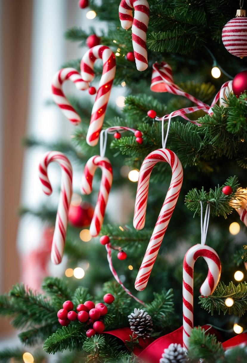 A Christmas tree decorated with candy cane ornaments, fairy lights, ribbons, and pine cones in a cozy holiday setting.