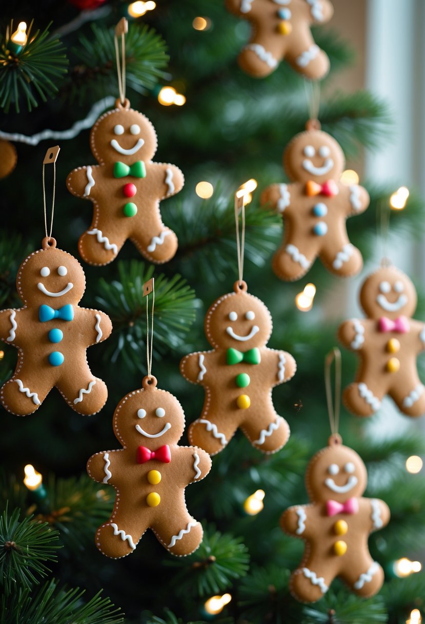 Christmas tree decorated with twenty gingerbread men ornaments and warm white lights.