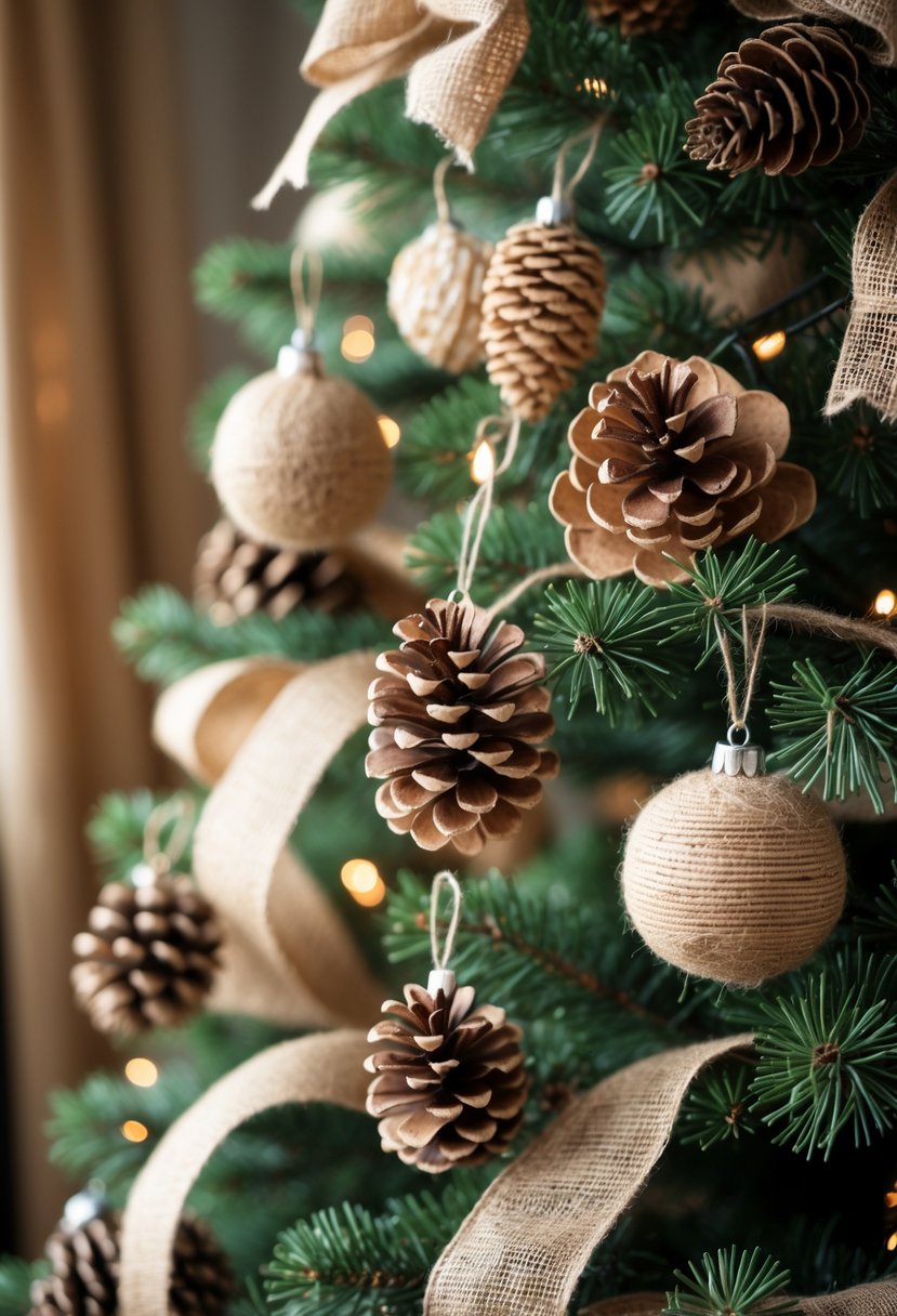 A Christmas tree decorated with pinecones and burlap ribbons in a warm, cozy setting.