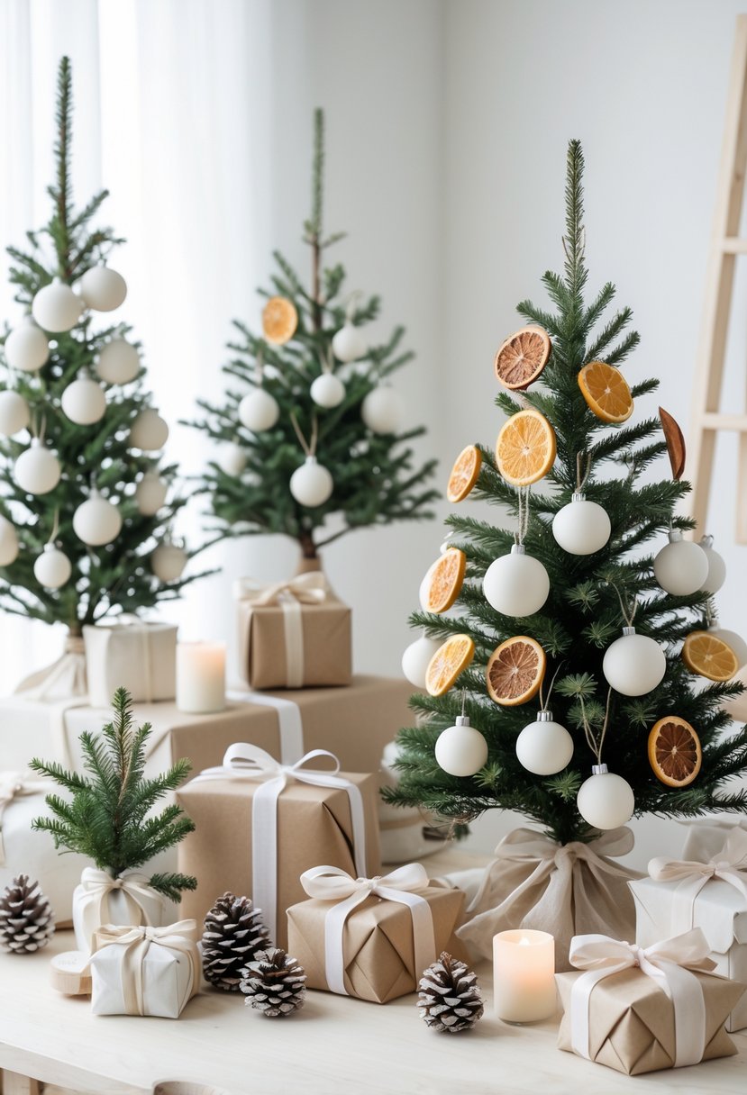 A collection of decorated Christmas trees with simple ornaments and natural elements arranged on wooden surfaces in a bright room.