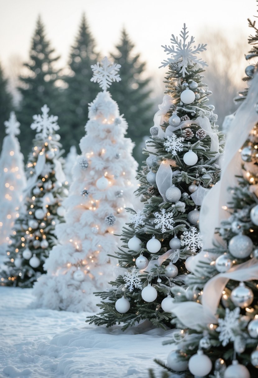 A snowy outdoor scene with twenty white Christmas trees decorated with white and silver ornaments and lights, surrounded by snow-covered ground and trees.