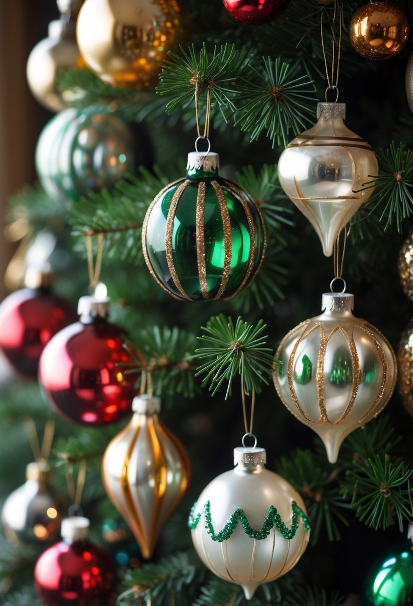 Close-up of vintage glass Christmas baubles hanging on a green pine tree branch.