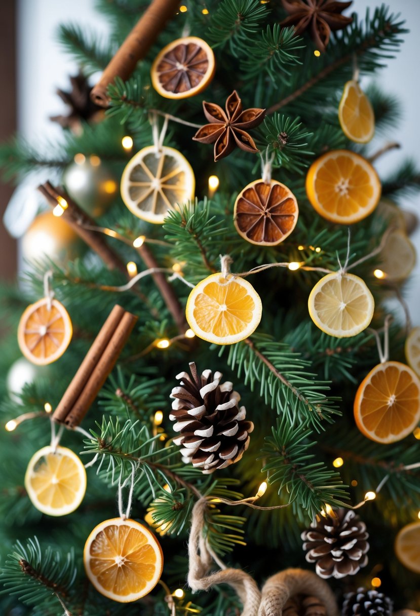 A Christmas tree decorated with dried citrus slices, pinecones, cinnamon sticks, and warm white lights.