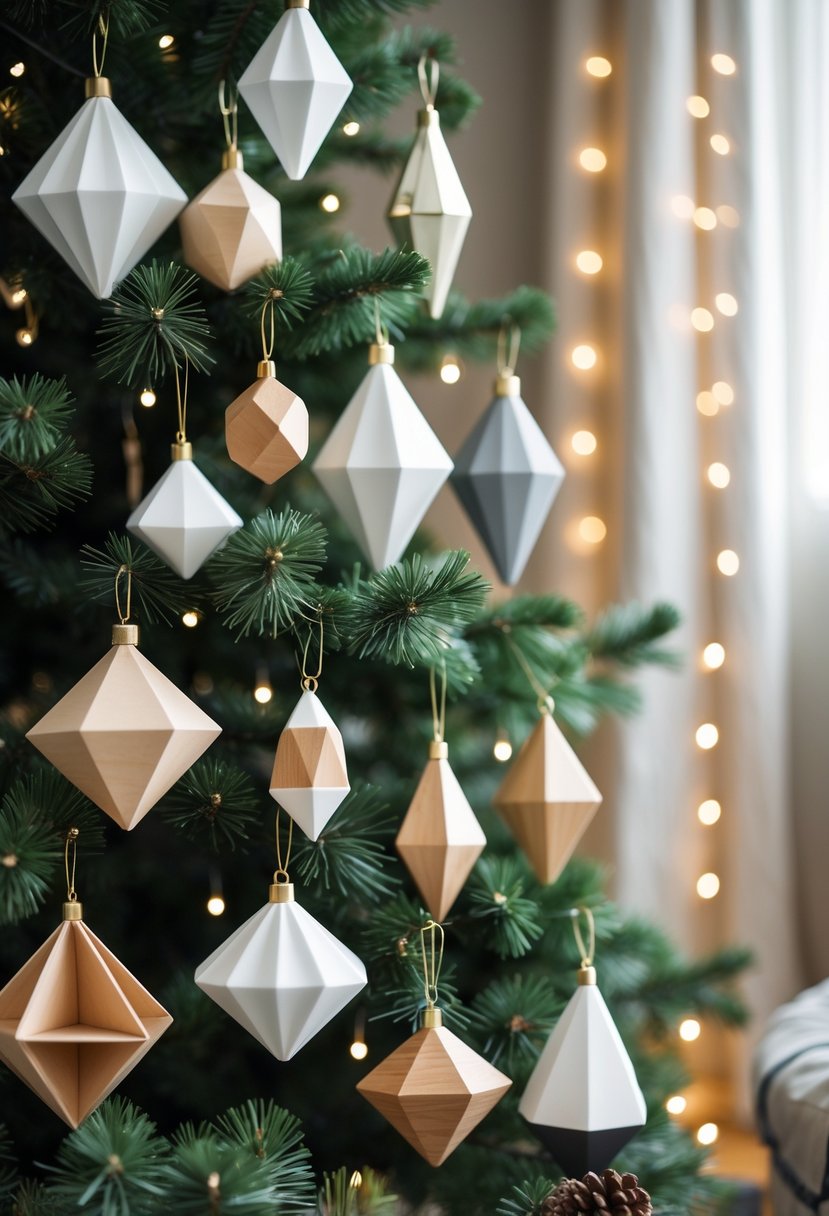 A Christmas tree decorated with twenty modern geometric ornaments in various shapes and materials, softly lit with warm white lights in a cozy indoor setting.