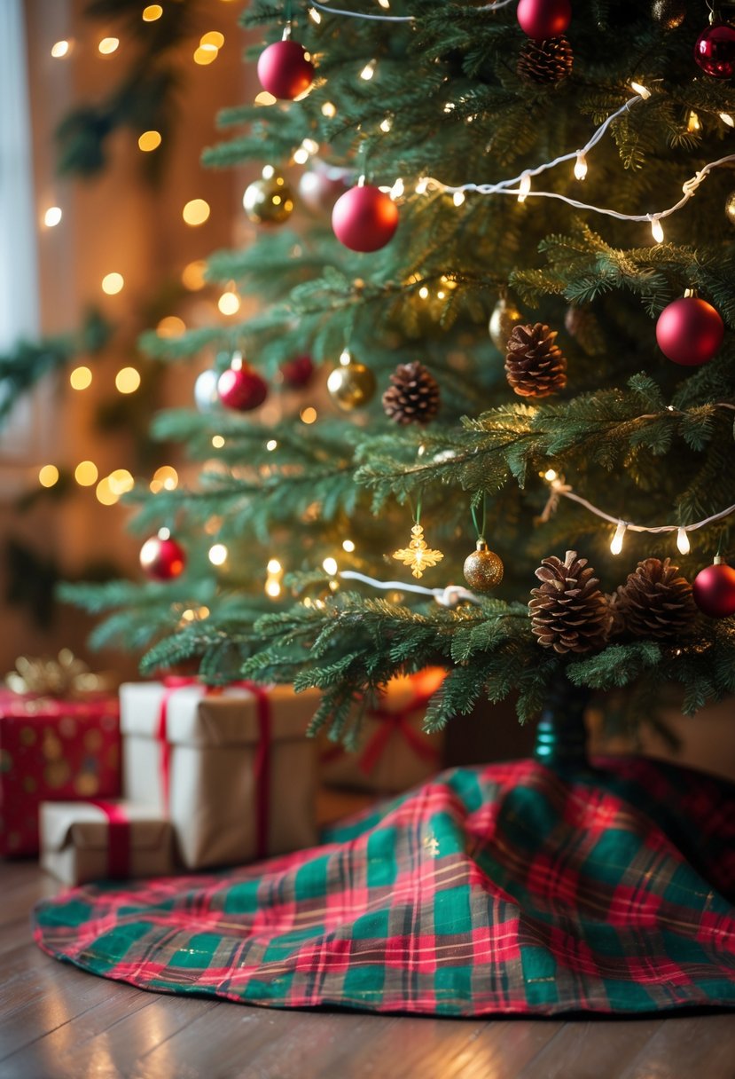 Christmas tree with a red and green plaid tree skirt and festive decorations in a warm indoor setting.