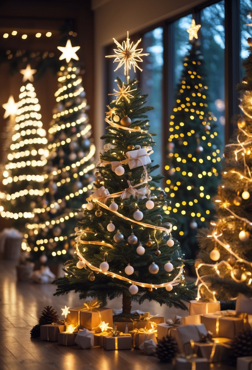 A collection of 20 Christmas trees decorated with LED fairy lights and various ornaments in a cozy indoor setting.
