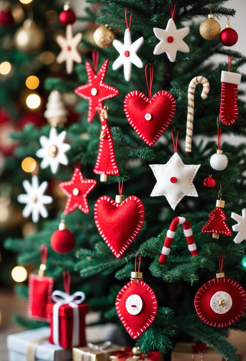 A Christmas tree decorated with 20 colorful handmade felt ornaments in various festive shapes, surrounded by additional felt decorations.