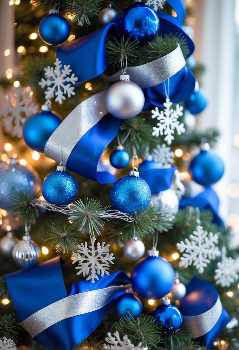 A Christmas tree decorated with blue and silver ornaments, ribbons, tinsel, and lights.