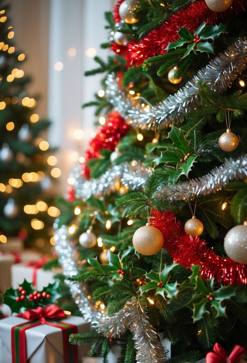 A decorated Christmas tree with silver and gold tinsel, red and green garlands, and warm white lights.