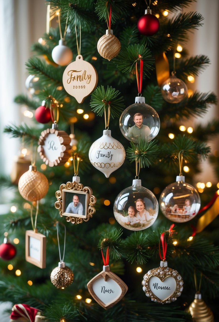 A Christmas tree decorated with 20 different personalized photo ornaments and festive decorations.