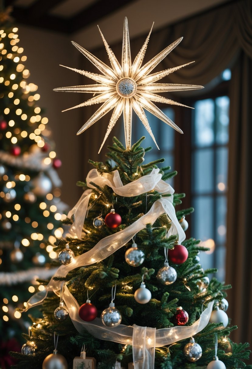 A decorated Christmas tree with a glowing starburst tree topper and festive ornaments.