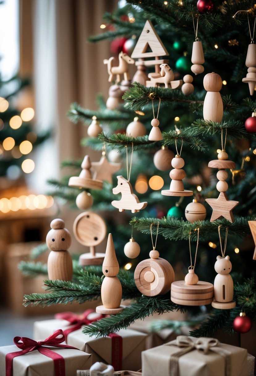 A Christmas tree decorated with various wooden toy-inspired ornaments including toy soldiers, rocking horses, and carved animals, surrounded by wrapped gifts and soft holiday lighting.