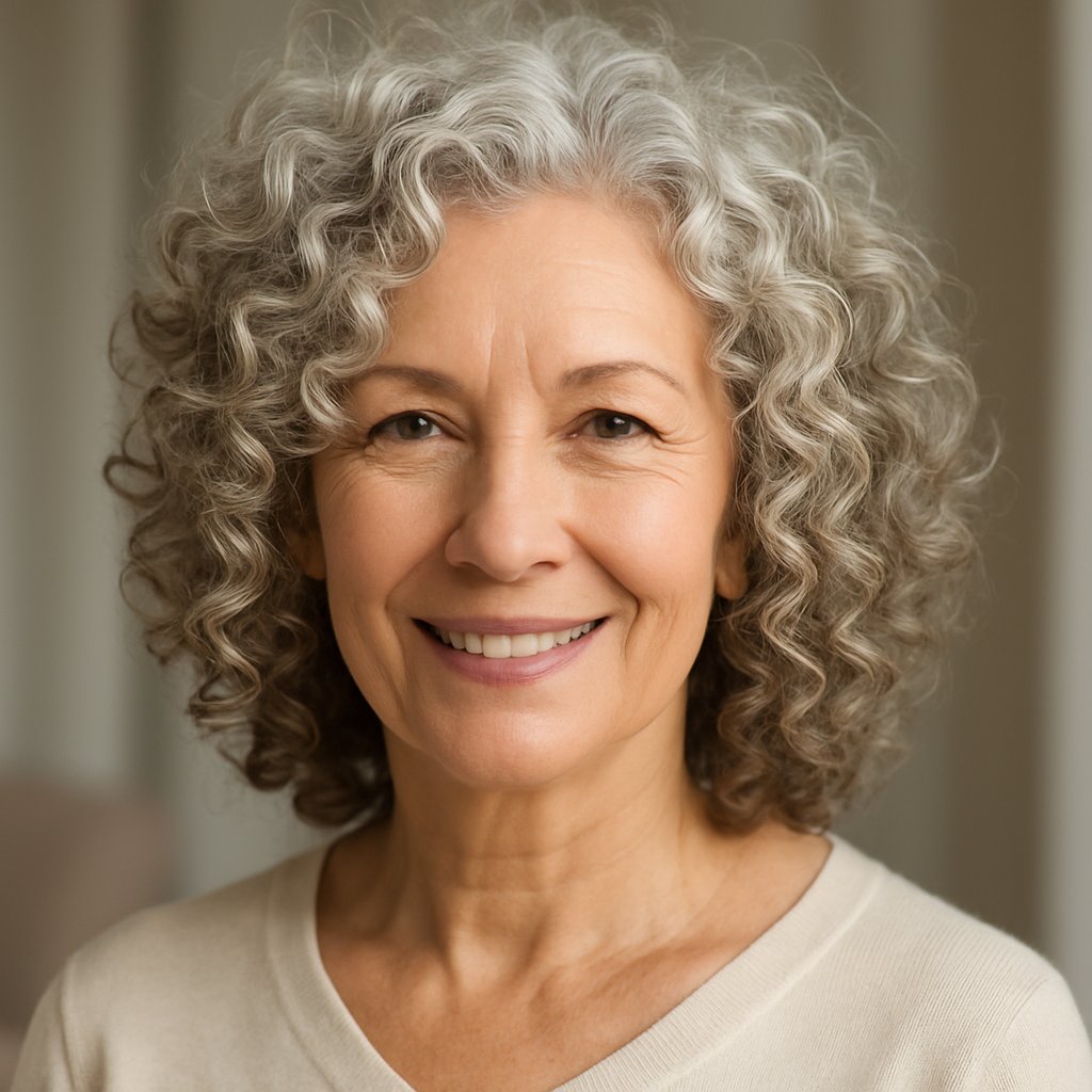 A mature woman with soft, voluminous gray ringlet curls smiling gently against a neutral, blurred background.