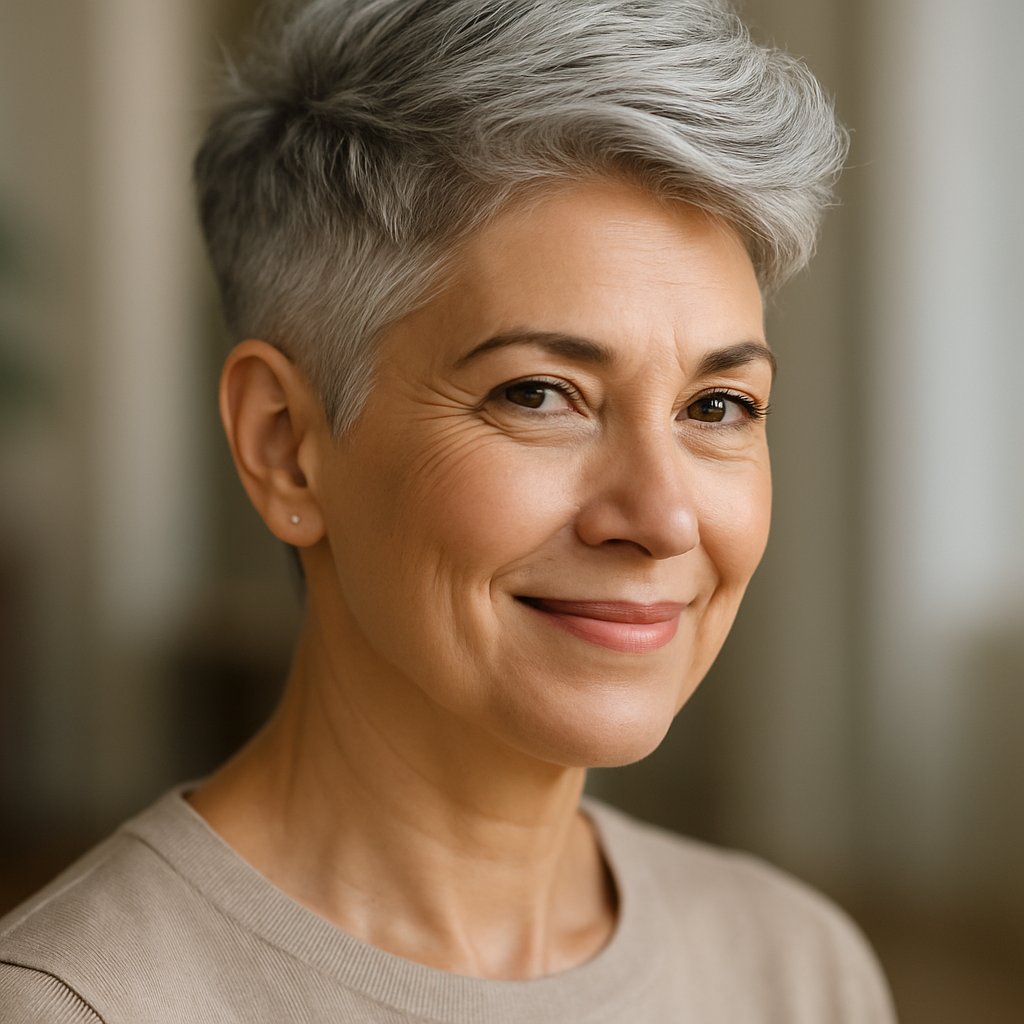 A mature woman with a short textured gray haircut and undercut, smiling softly against a blurred background.