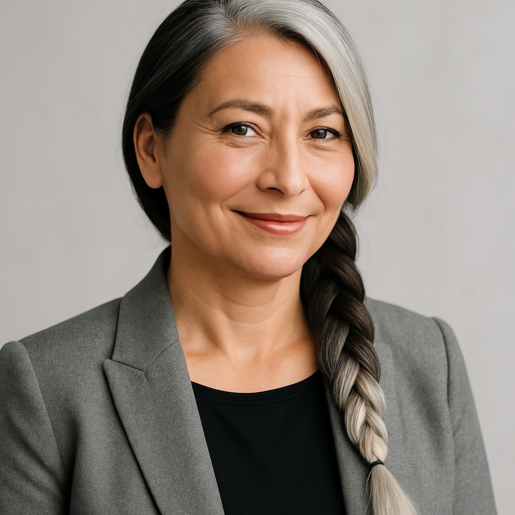 A middle-aged woman with a braided side ponytail smiling in a studio setting.