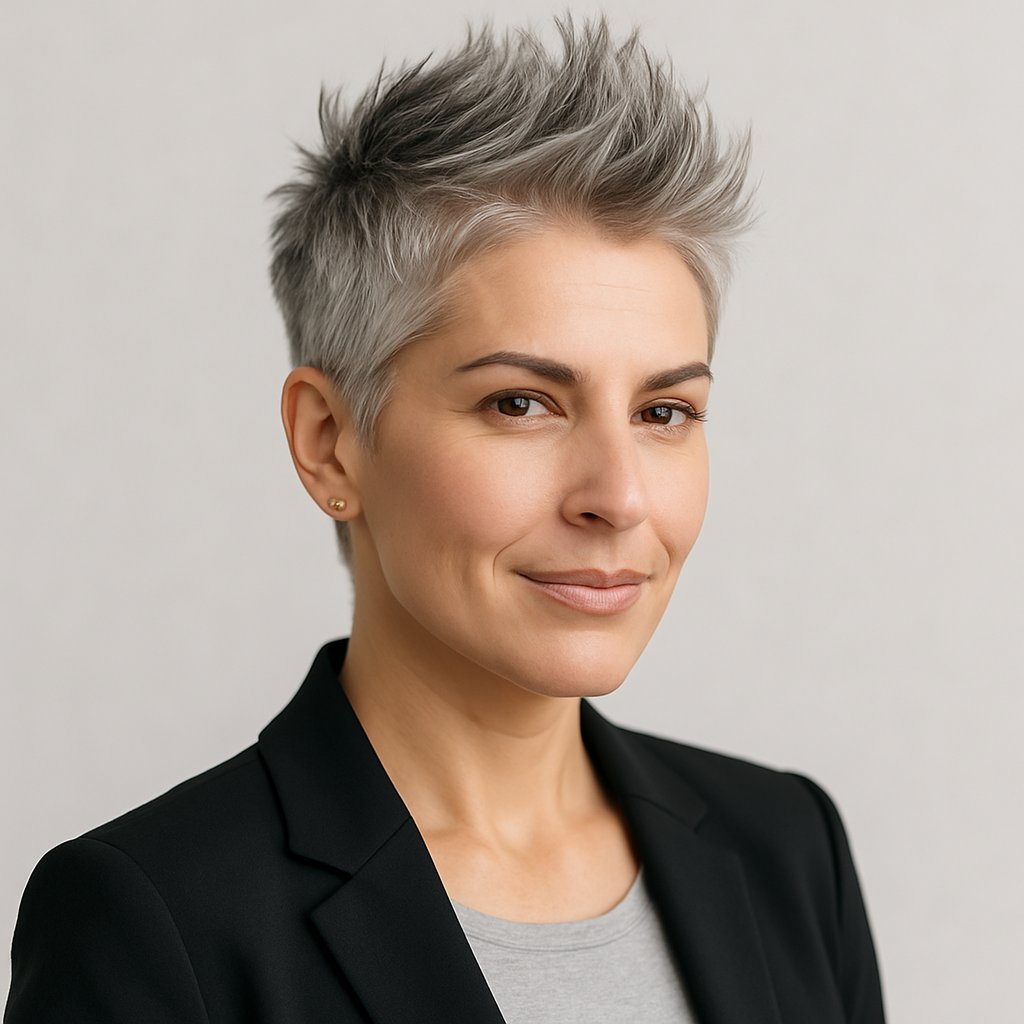 A woman with short spiky gray hair, wearing a smart casual outfit, looking confidently at the camera against a plain background.