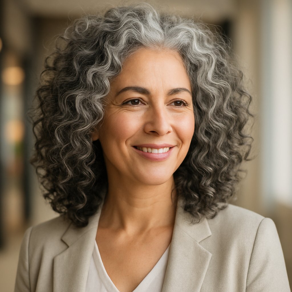 A woman with voluminous gray curls smiling gently against a softly blurred indoor background.