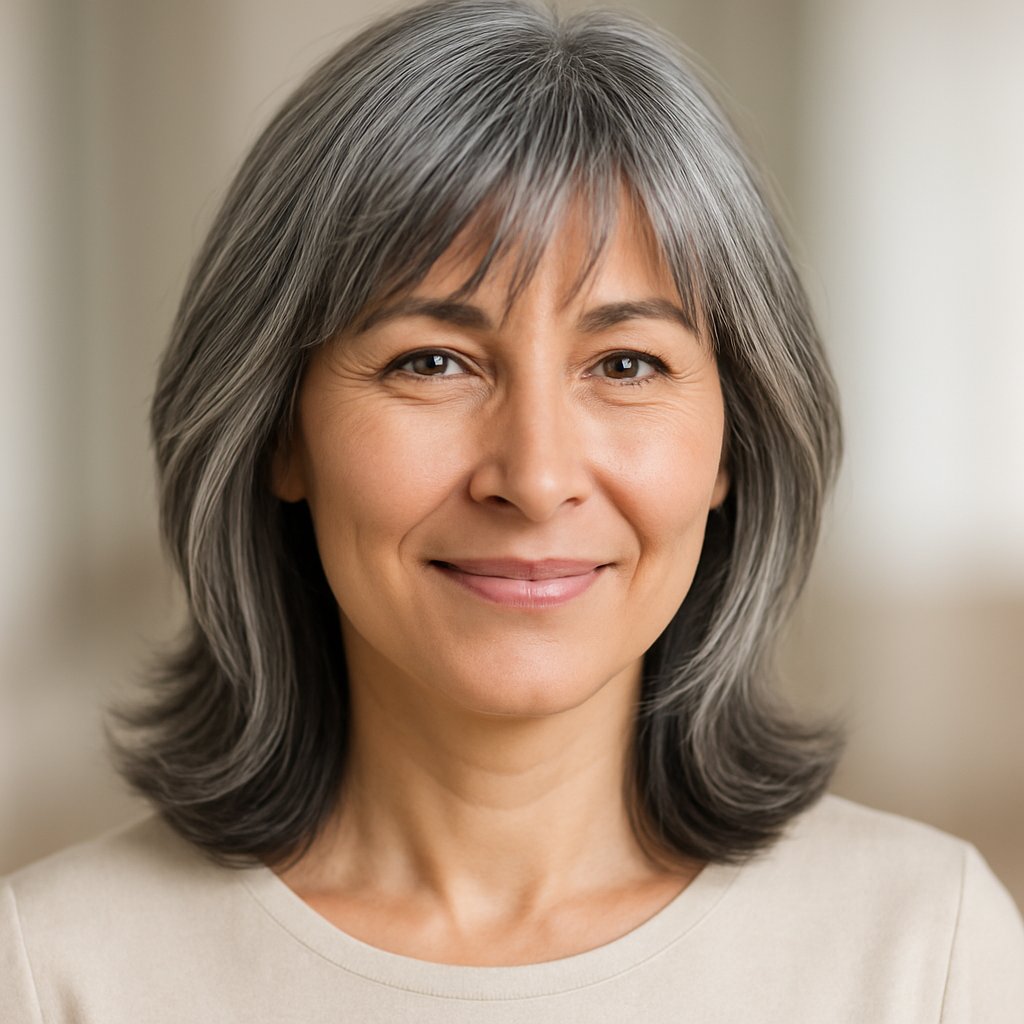 A middle-aged woman with medium-length gray hair styled in layered bangs, smiling softly against a blurred background.