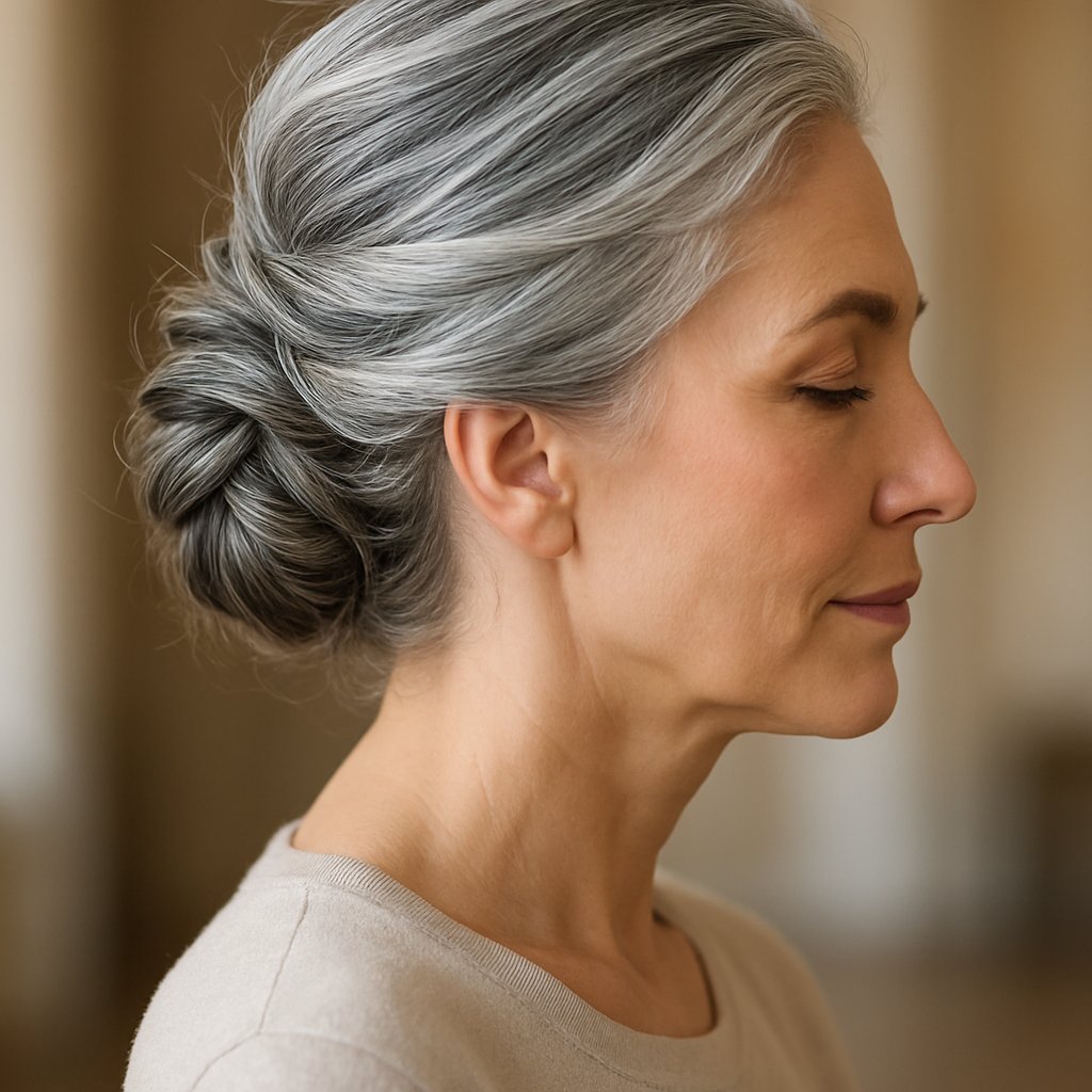 A woman with a twisted updo hairstyle featuring silver highlights, looking confidently at the camera against a softly blurred background.