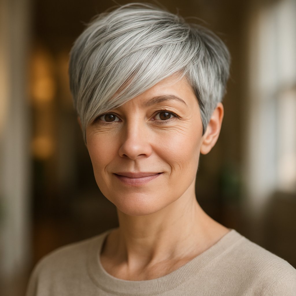 A middle-aged woman with a pixie haircut and long fringe showing natural gray hair, smiling gently against a softly blurred background.