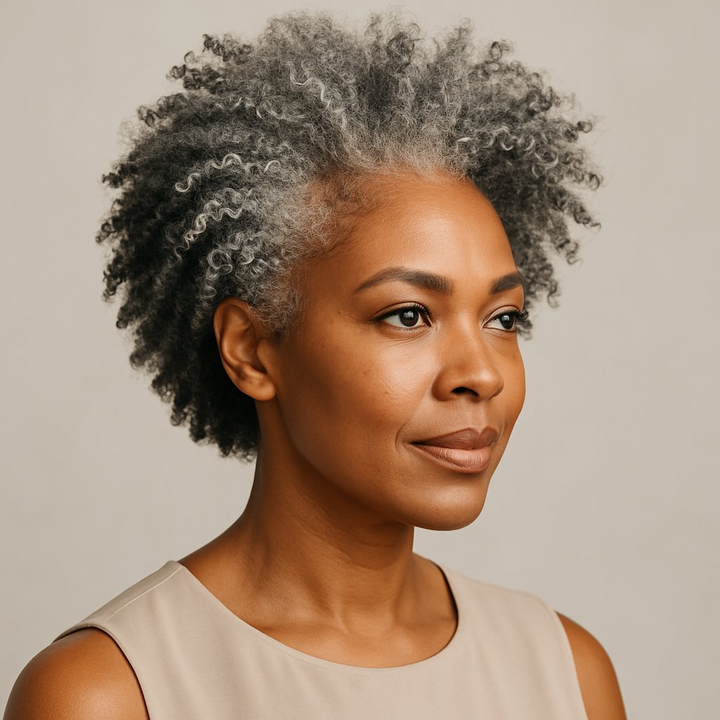 A woman with natural silver-gray Afro hair styled with defined edges and curls, looking confidently at the camera against a plain background.