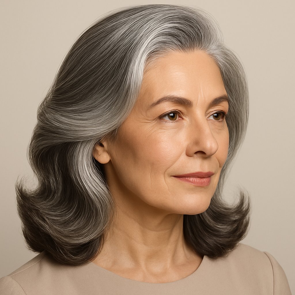 A mature woman with glossy gray hair styled in a voluminous side-parted blowout, smiling gently against a neutral background.