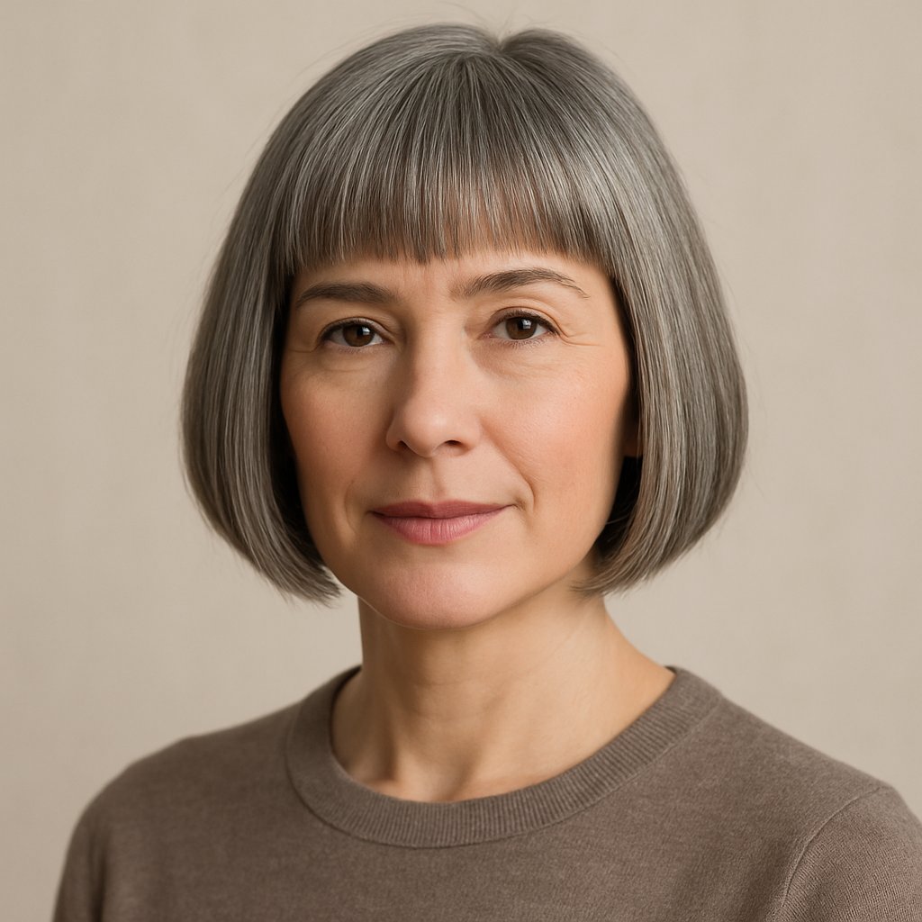 A woman with chin-length gray hair and a straight fringe, looking confidently at the camera against a neutral background.