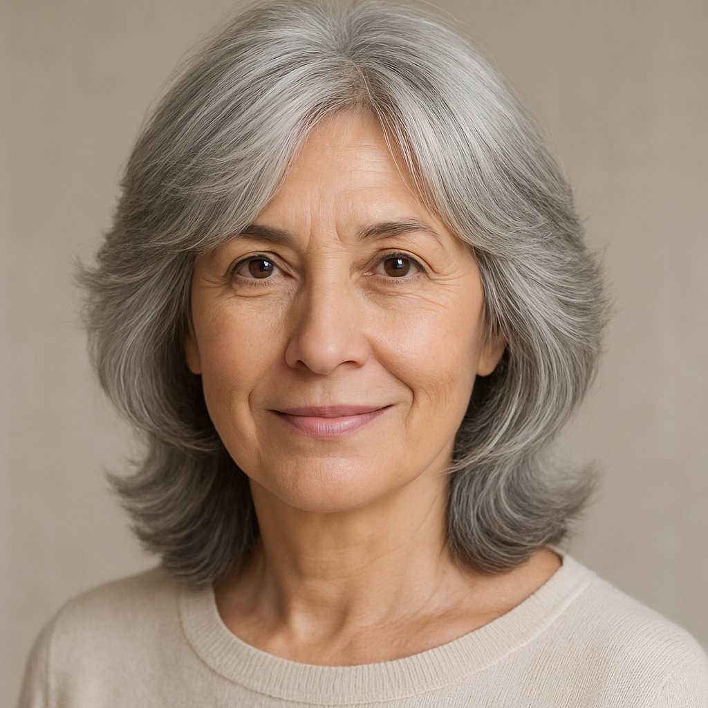 A mature woman with soft, feathered gray hair framing her face, smiling gently against a neutral background.