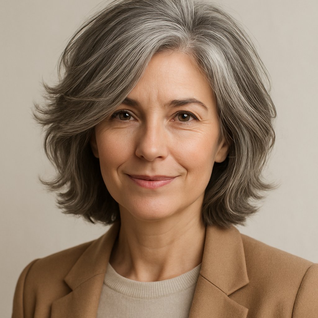 A middle-aged woman with a tousled lob hairstyle featuring natural gray hair, smiling gently against a plain background.