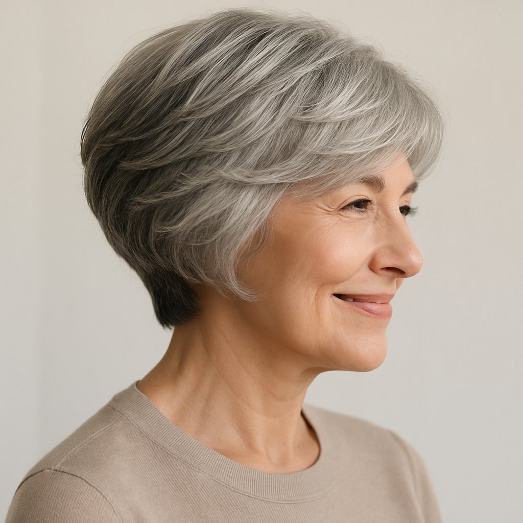 A mature woman with layered gray hair styled in a stacked bob, smiling softly against a plain background.