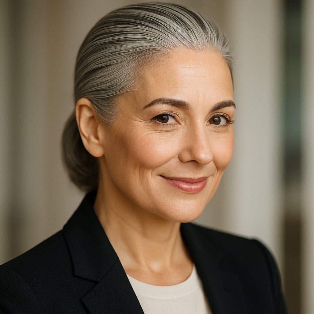 A middle-aged woman with slicked-back gray hair smiling gently and looking confident.