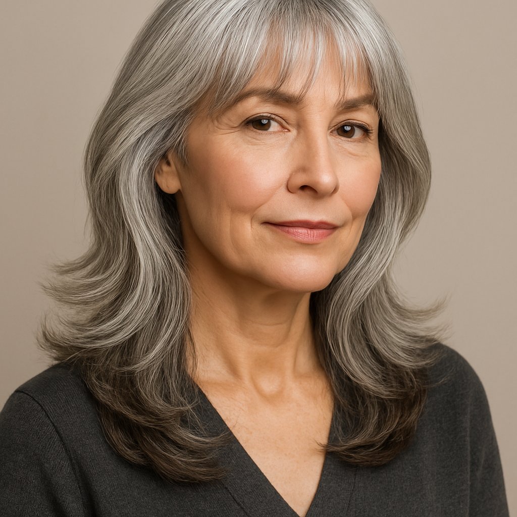 A mature woman with silver hair styled in wispy bangs and long layers, smiling gently against a neutral background.