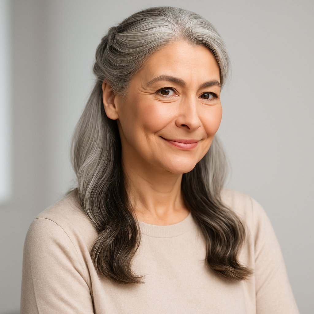 A middle-aged woman with gray hair smiling and looking at the camera against a plain background.