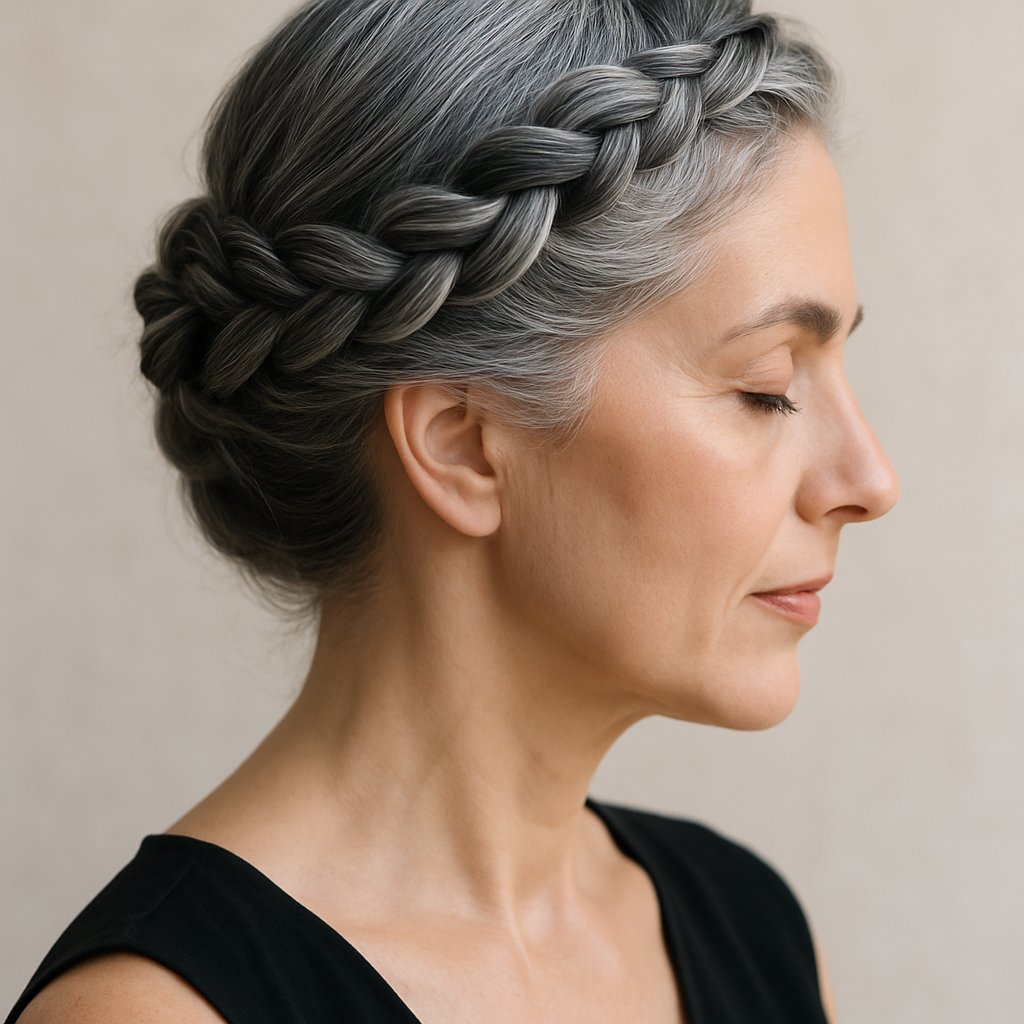 A woman with a braided crown hairstyle showing different shades of gray hair, looking confident against a plain background.