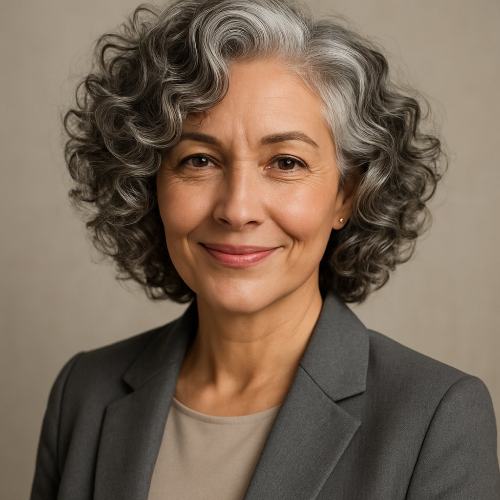 A mature woman with side-swept gray curls smiling gently in a softly lit studio setting.