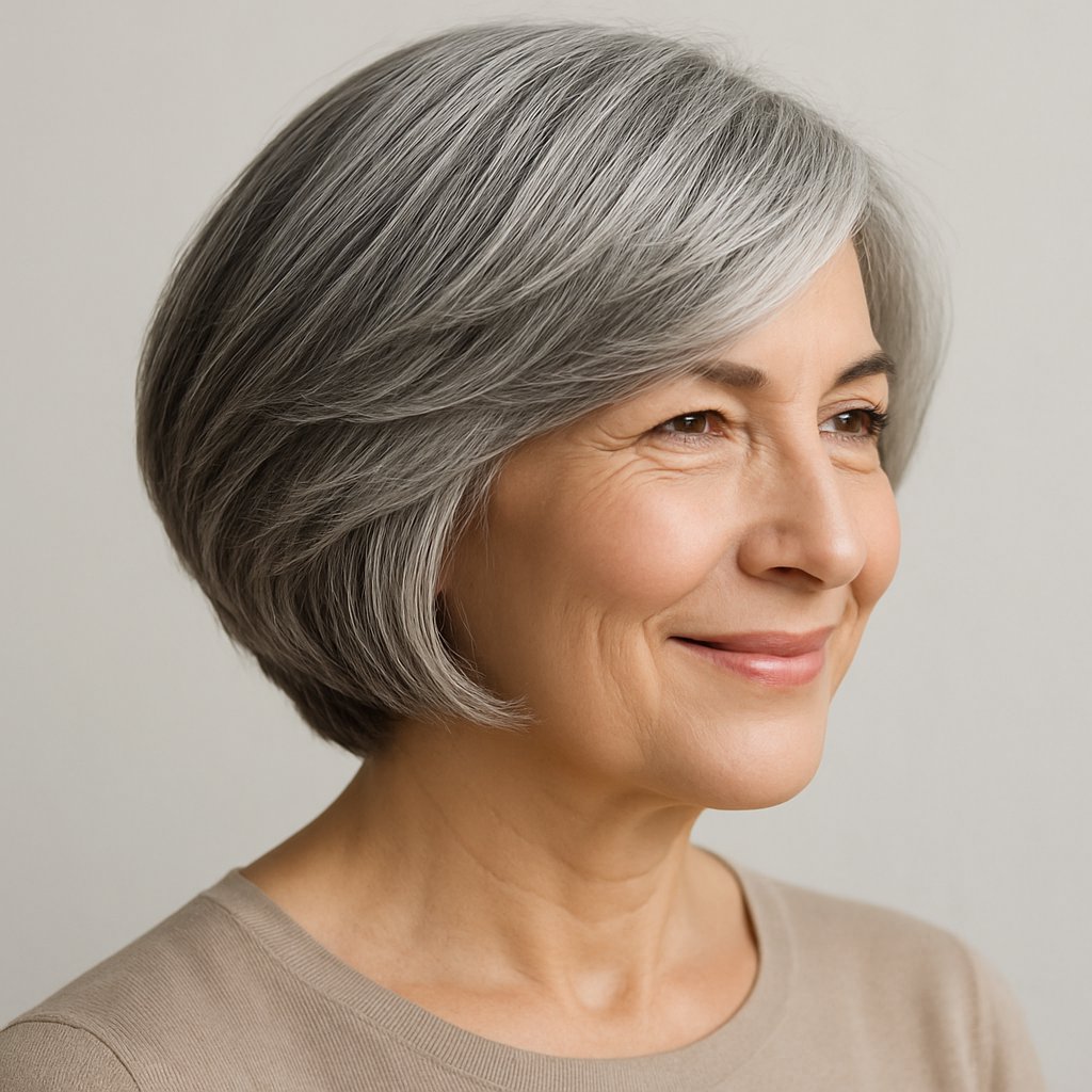 A mature woman with a layered bob hairstyle and gray hair smiling against a neutral background.