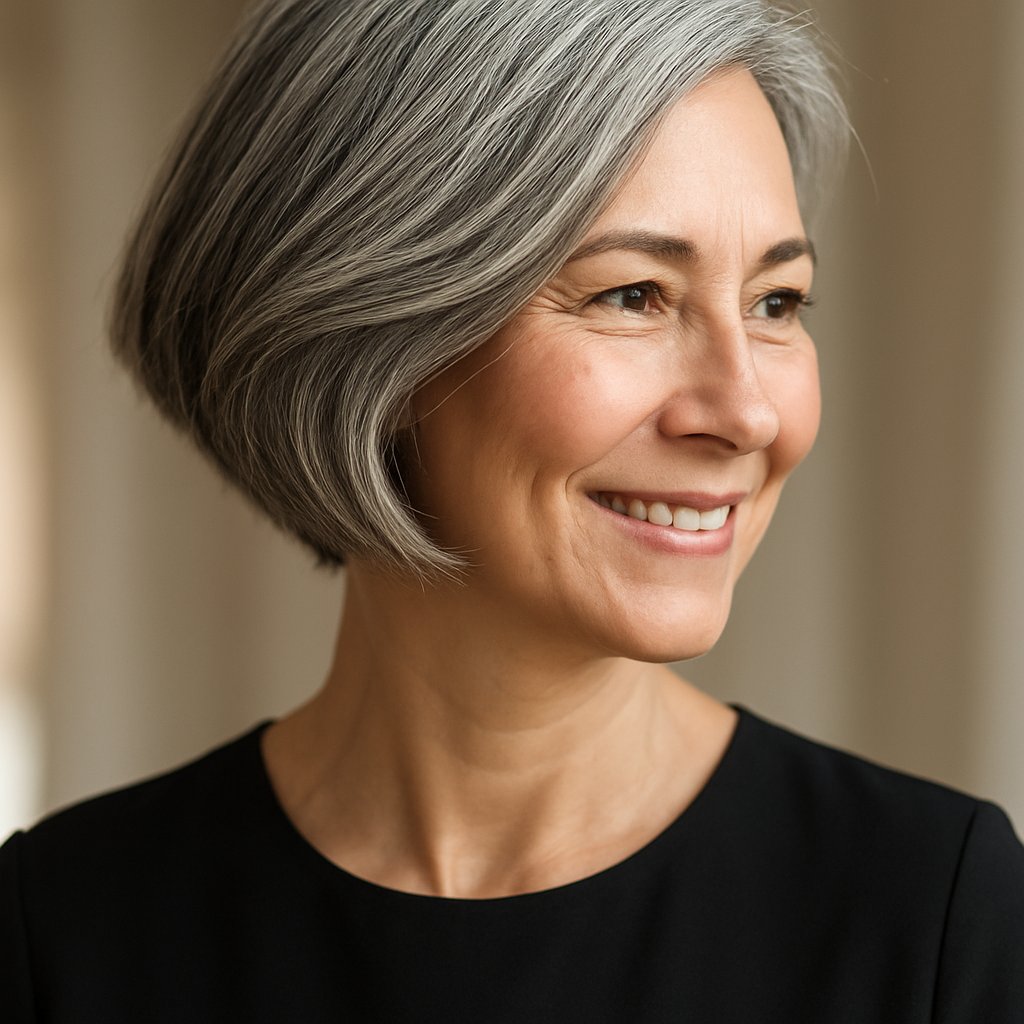 A middle-aged woman with an asymmetrical bob hairstyle featuring natural gray hair, smiling gently against a softly blurred background.