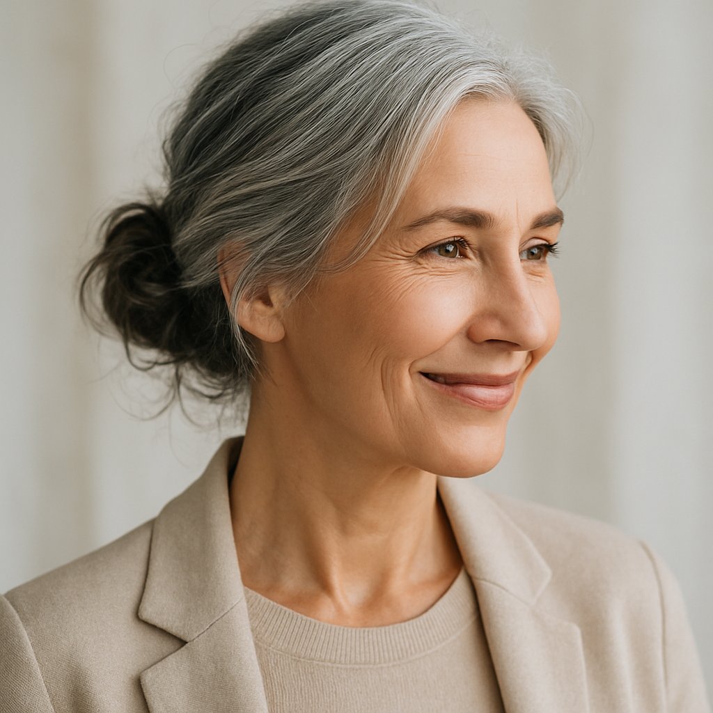 A mature woman with gray hair styled in a low messy bun, smiling gently against a simple background.