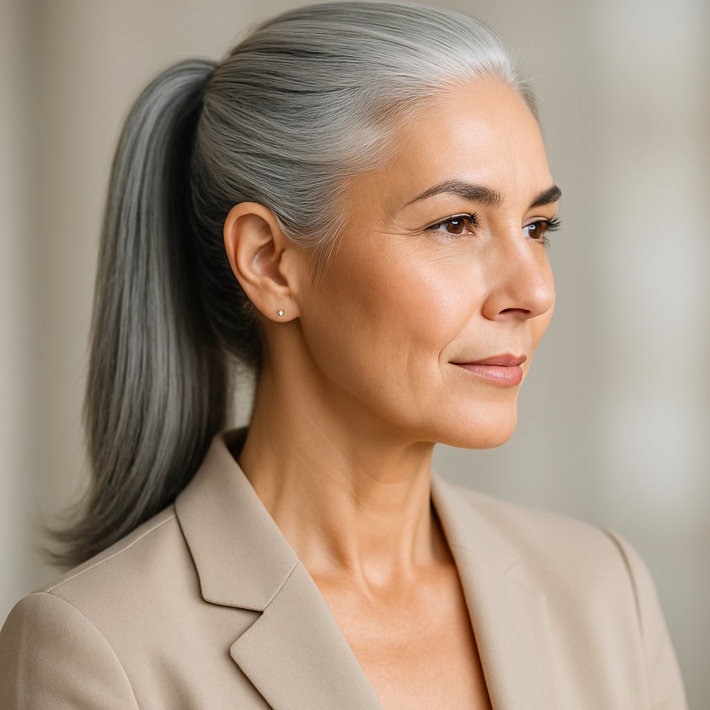 A middle-aged woman with silver-gray hair styled in a sleek high ponytail, smiling gently against a softly blurred background.
