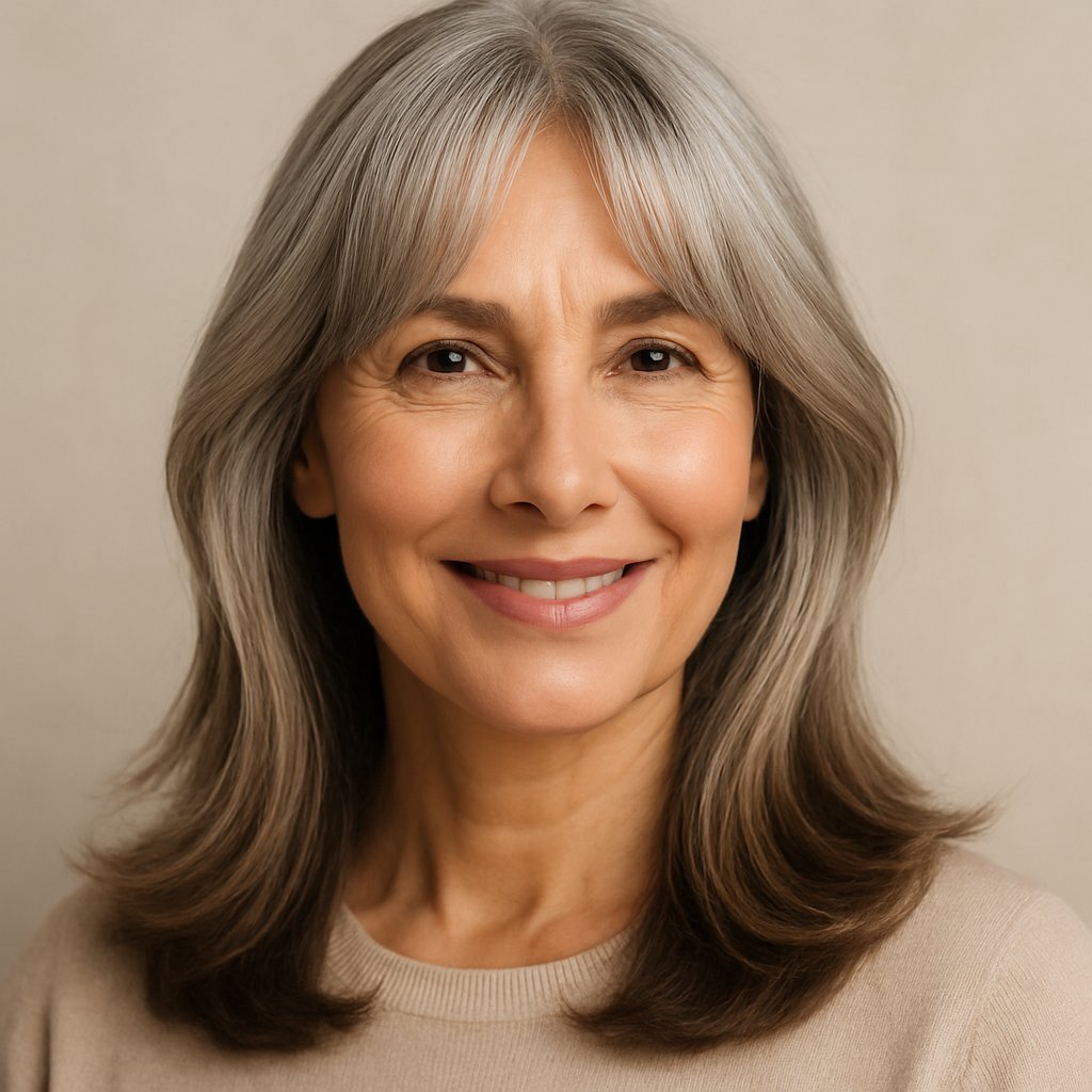A smiling mature woman with curtain bangs and natural gray roots, looking confidently at the camera against a neutral background.