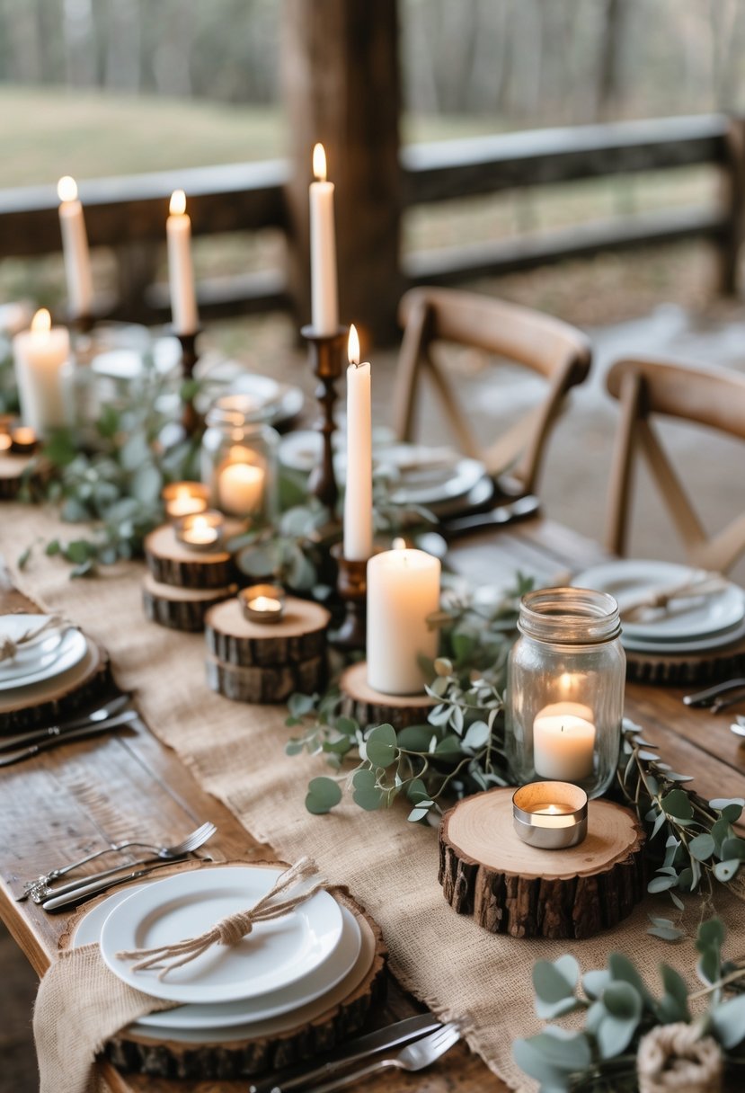 A rustic wooden wedding table decorated with candles, greenery, burlap runners, and twine-wrapped napkins, without any flowers.