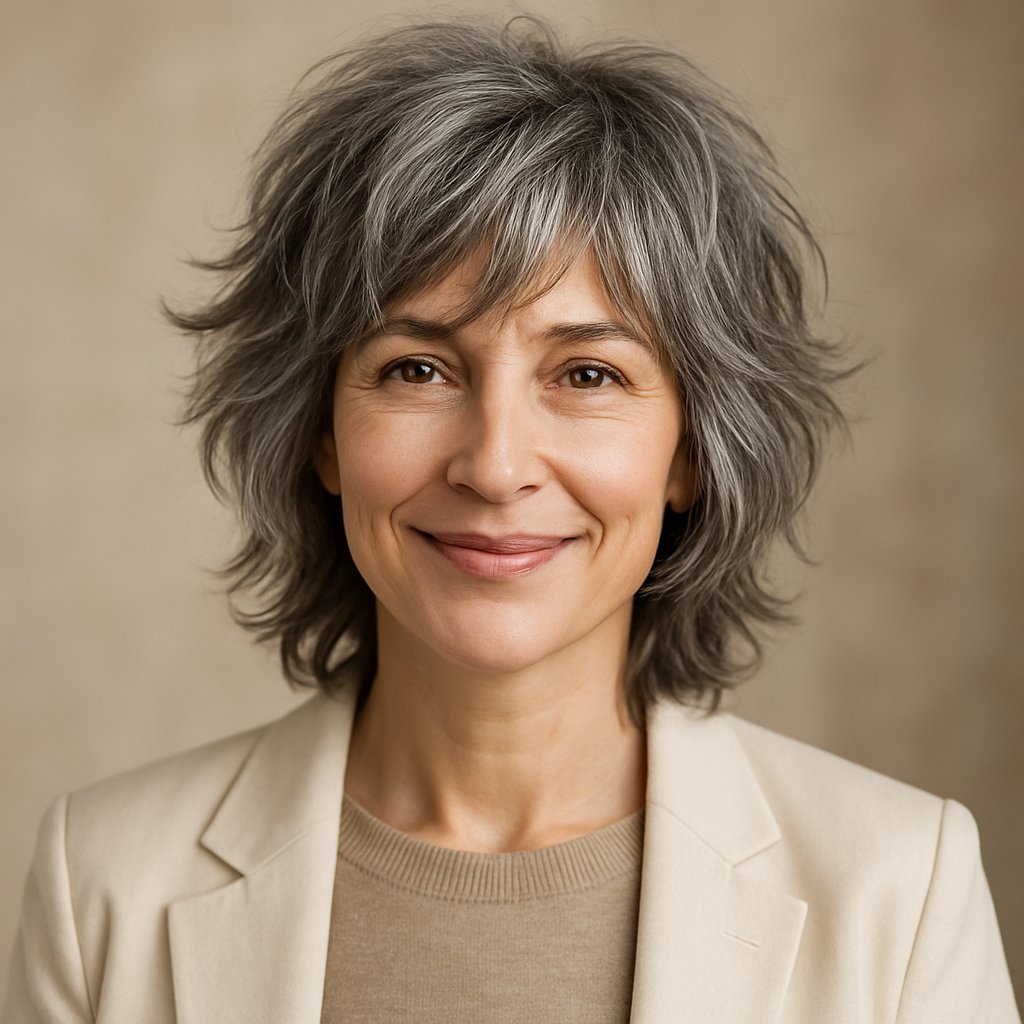 A woman with a layered textured shag hairstyle and natural gray hair smiling gently against a blurred background.