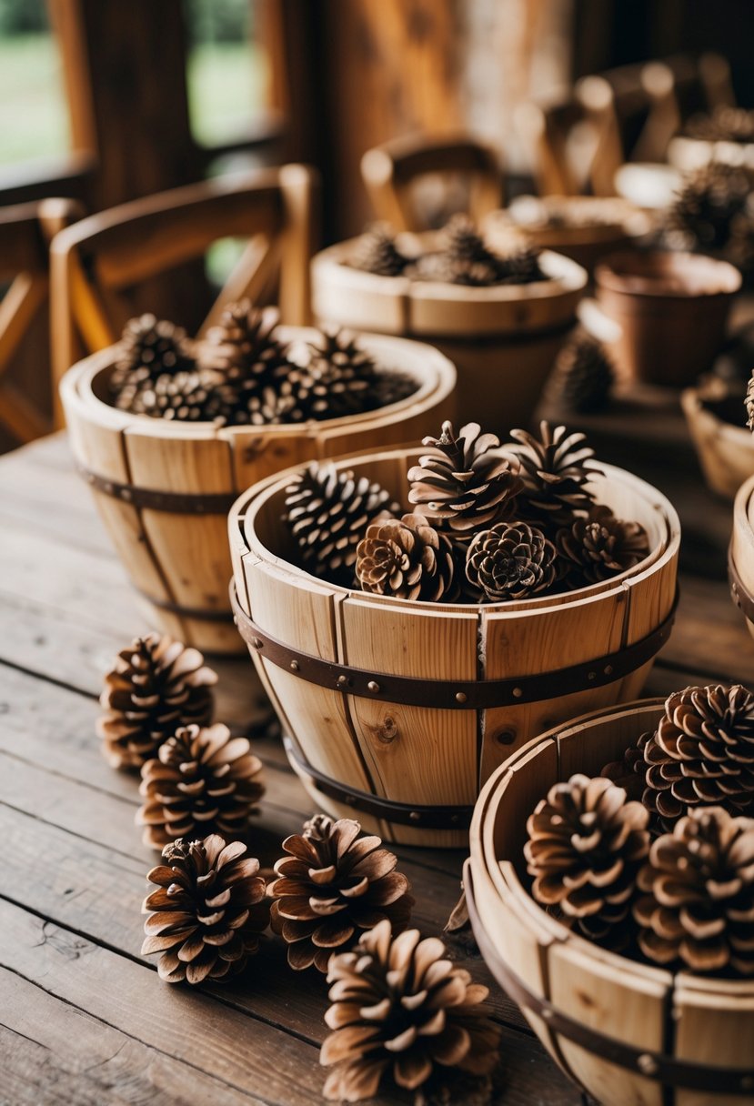 Wooden baskets filled with dried pinecones arranged on a wooden table.