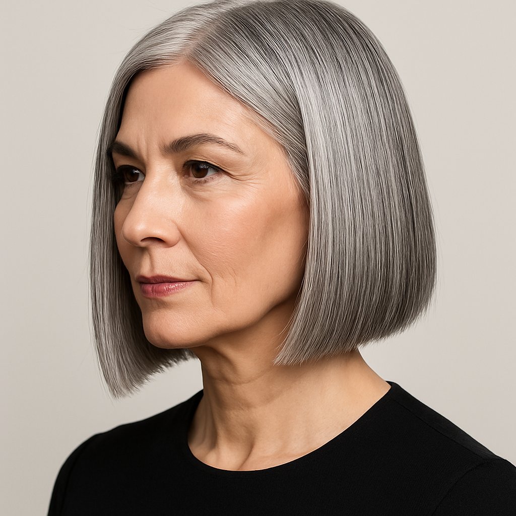 A mature woman with a sleek blunt cut lob hairstyle featuring natural gray hair, looking confidently at the camera against a neutral background.