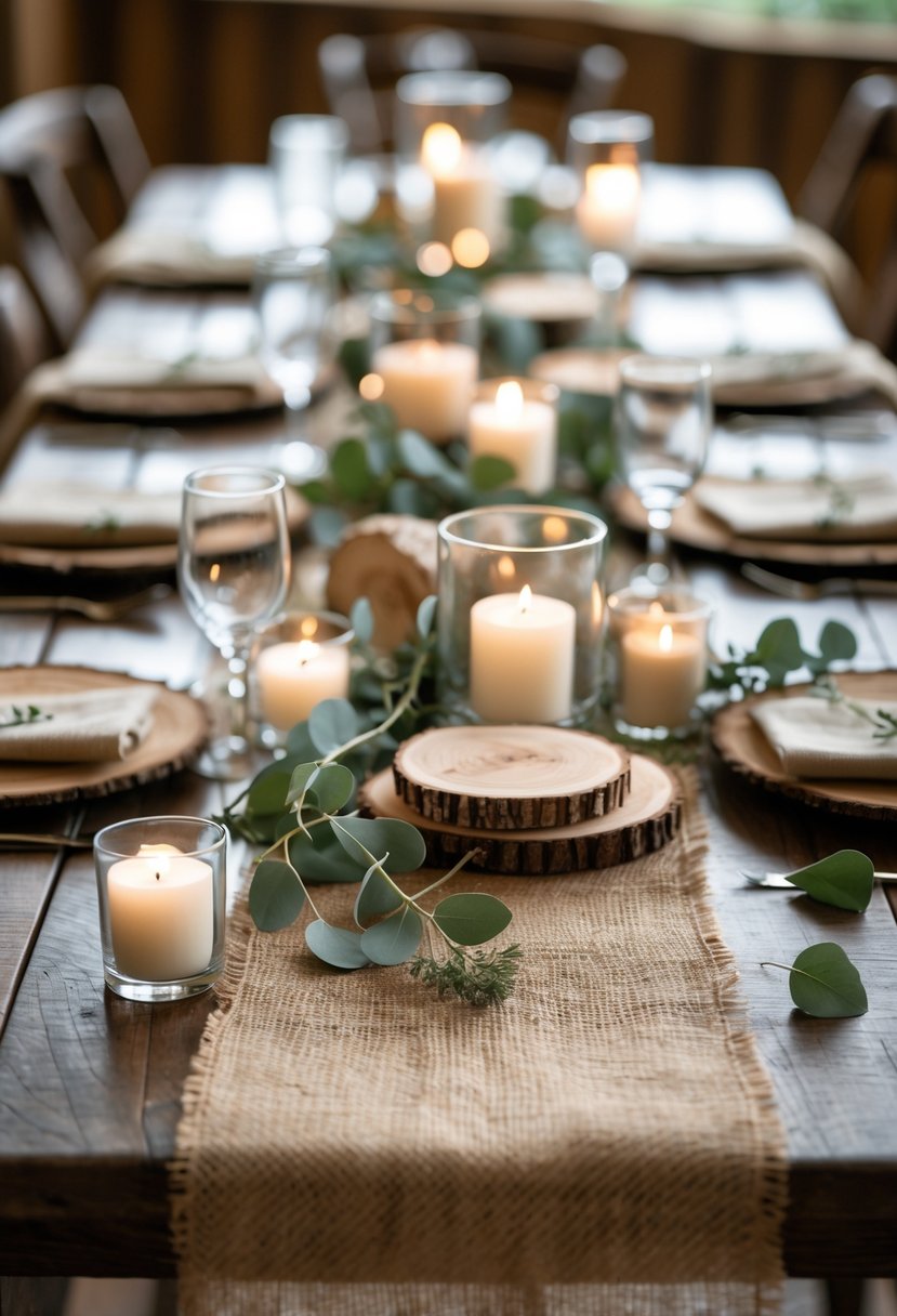A rustic wedding table with burlap runners, wooden slices, candles, and greenery on a wooden surface.