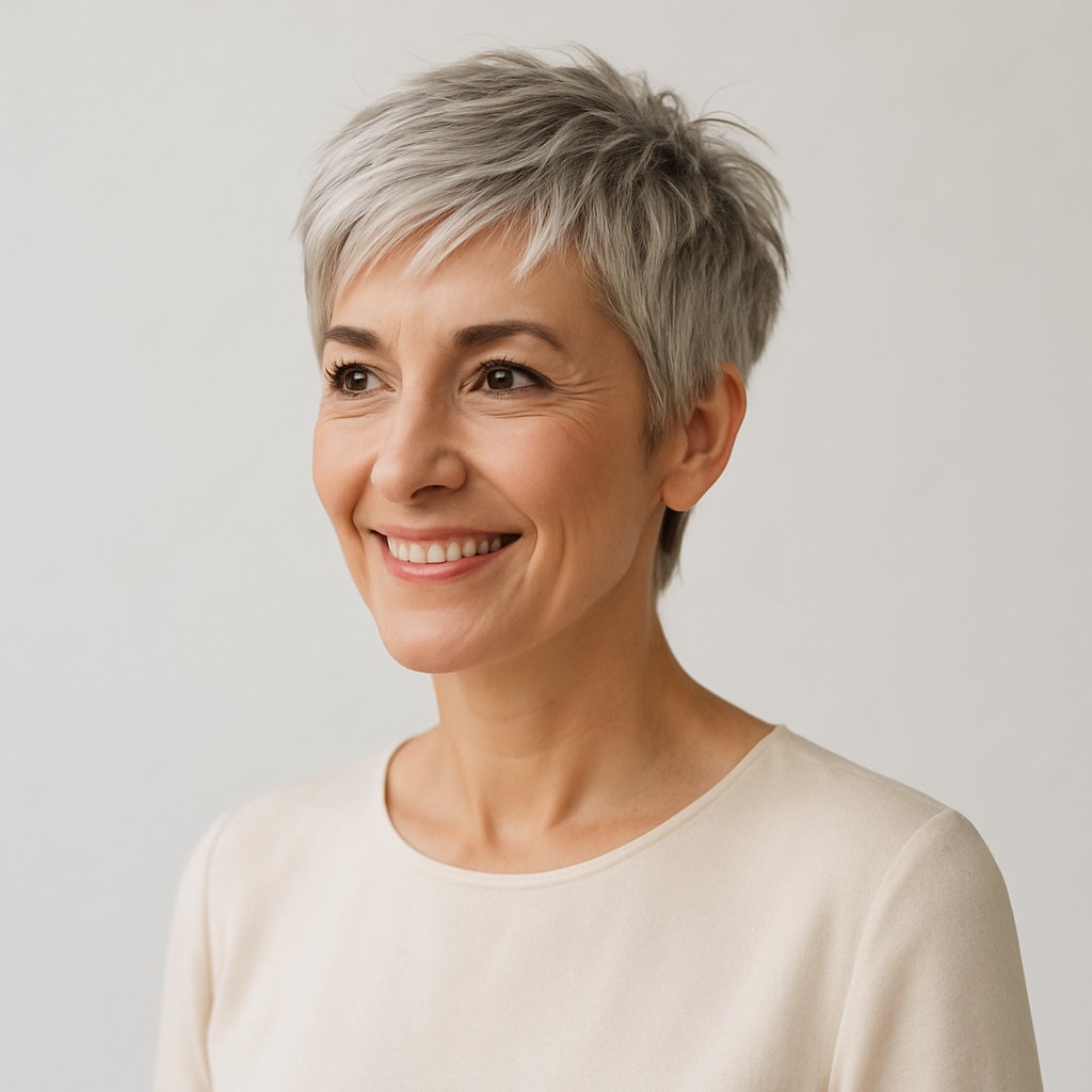 A woman with a short choppy pixie haircut and natural silver hair smiling in a bright studio setting.