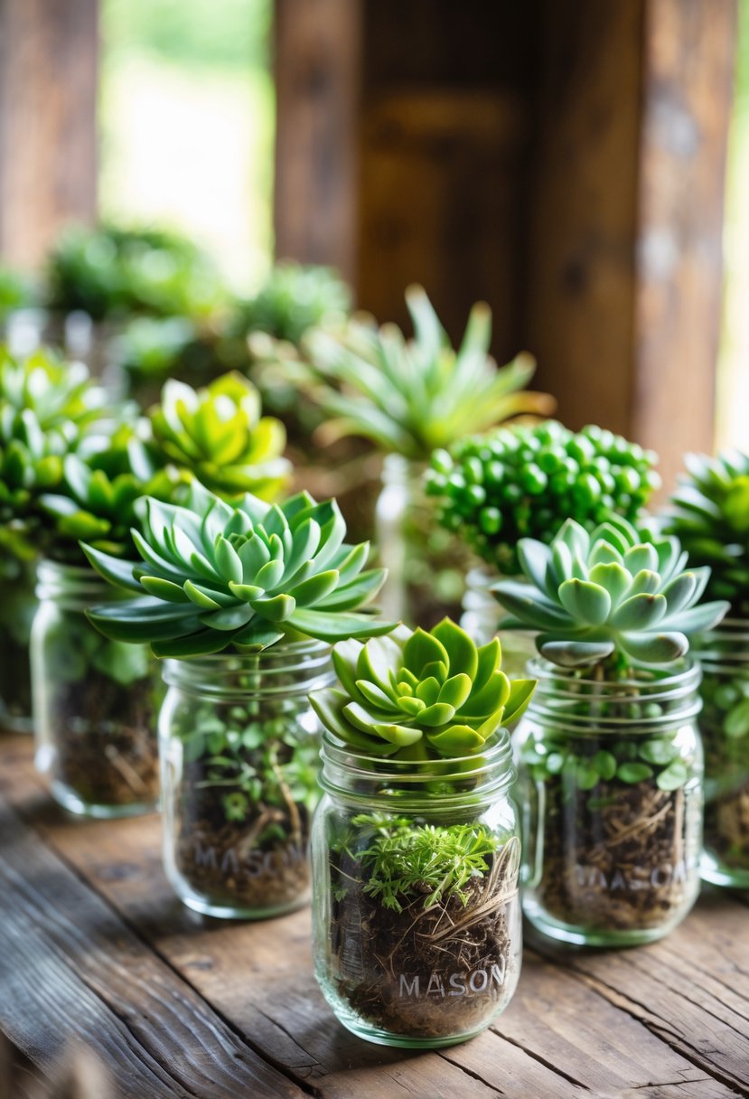 Several mason jars filled with green succulent plants arranged on a wooden table.