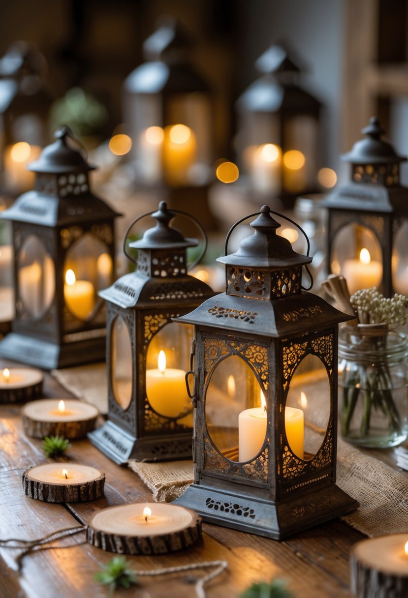 A wooden table decorated with antique metal lanterns holding lit tea lights, surrounded by rustic elements like burlap and wooden slices.